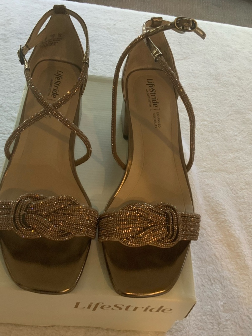 Life Stride Gold Beaded  Ankle Strap Sandals size 8.5.  Retail $109  SKU 3045